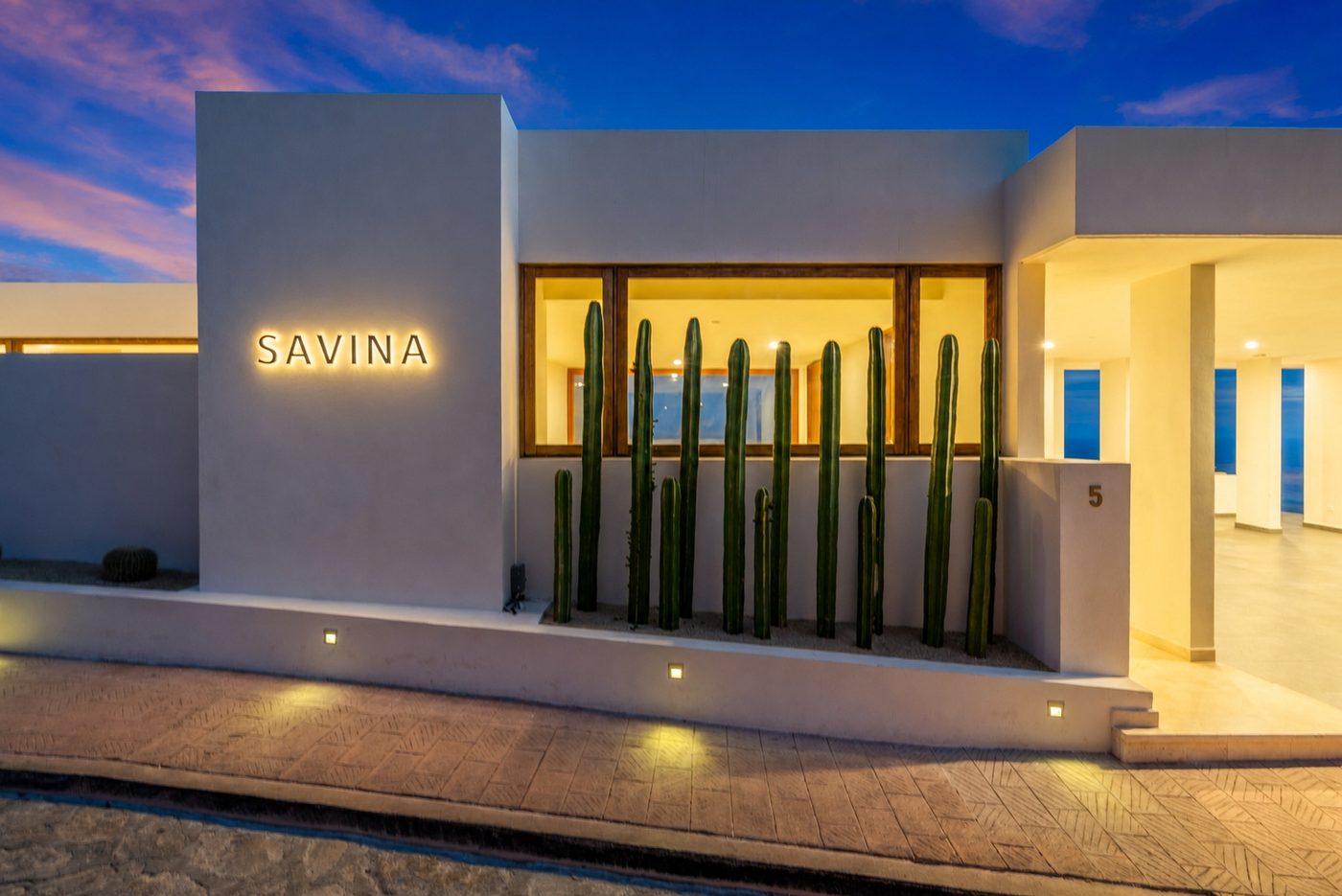 Villa entrance at twilight