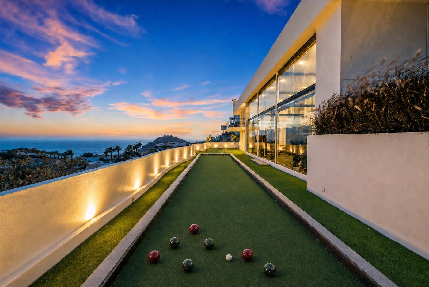 Villa Savina grounds illuminated at night